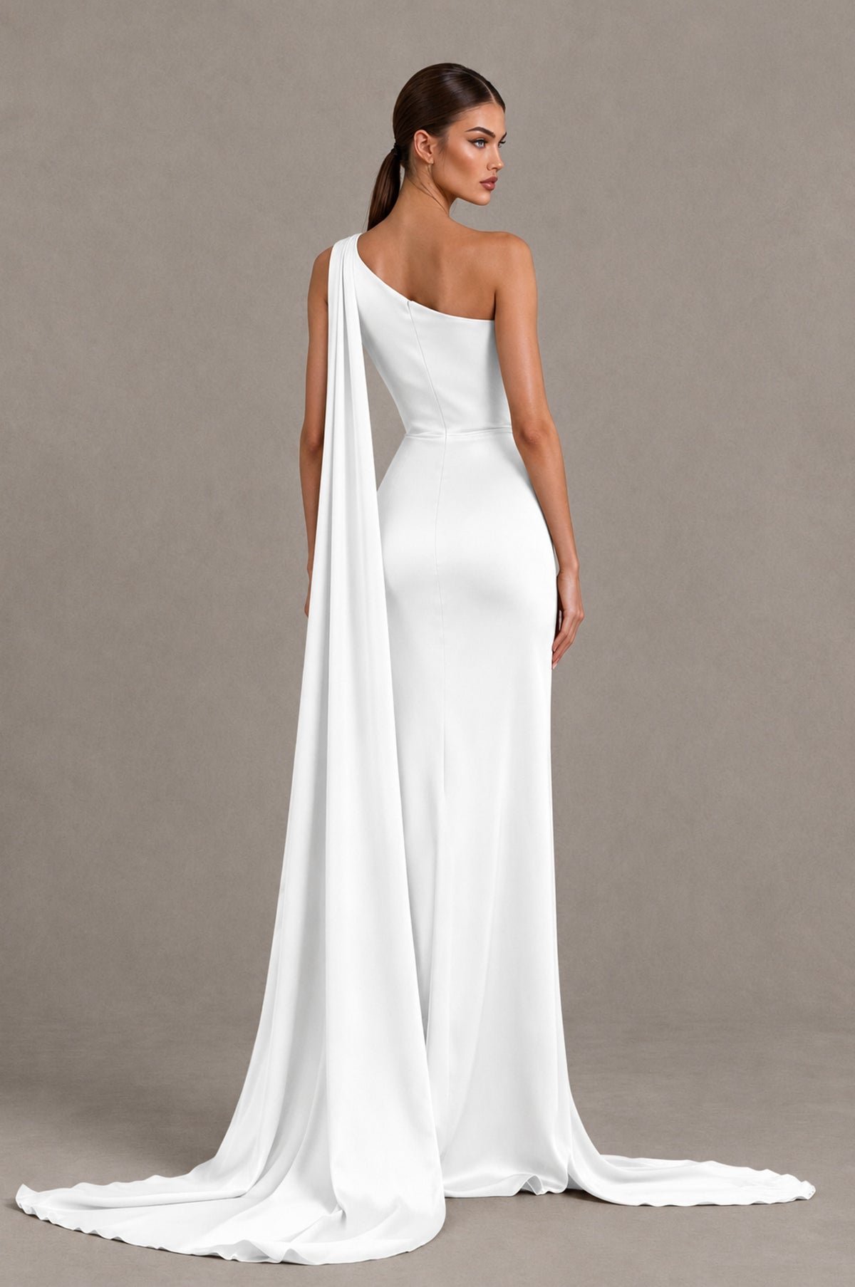 BOLODOO White One Shoulder Satin Evening Dress with High Slit and Draped Cape Train - White - White_2