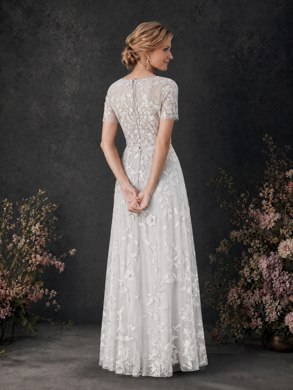 BOLODOO White 3D Floral Embroidered Lace V-Neck Short Sleeve A-Line Maxi Dress - White