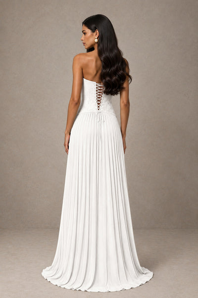 BOLODOO White Halter Corset Pleated A-Line Evening Dress - White - White_2