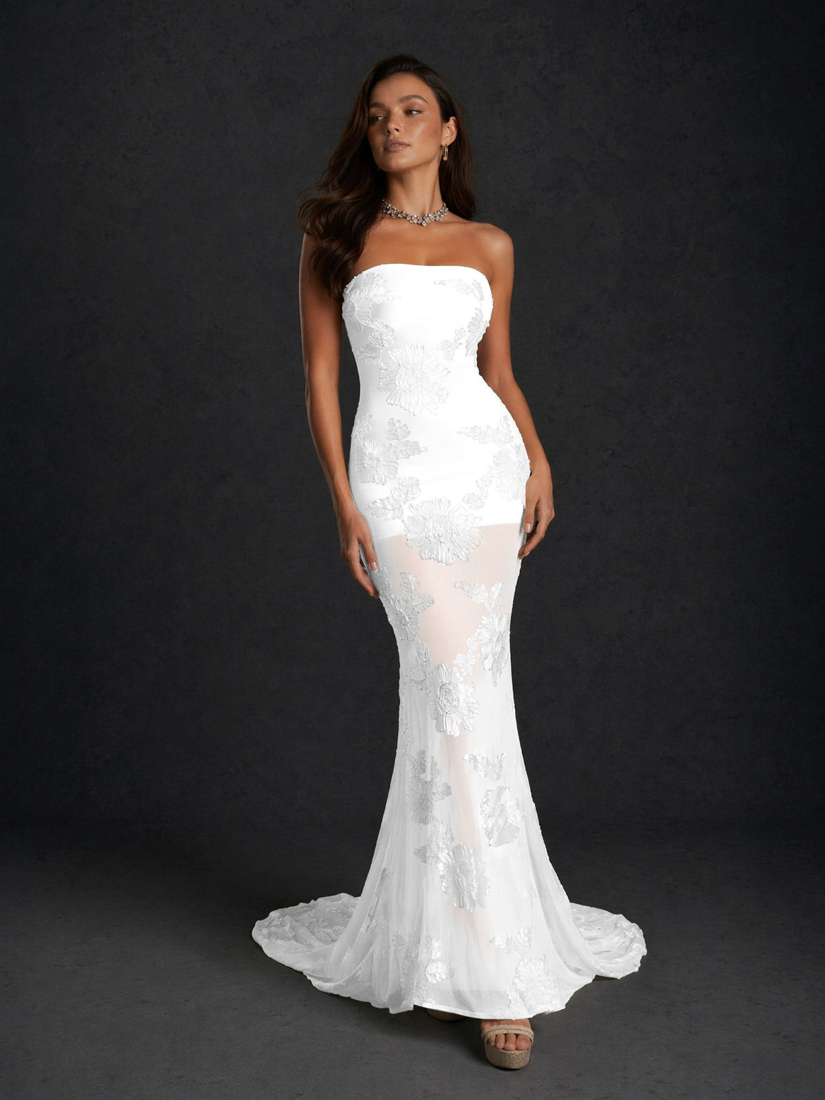 BOLODOO White Champagne Gold Floral Sequin Embroidered Mesh Strapless Open Back Mermaid Maxi Dress with Train - White