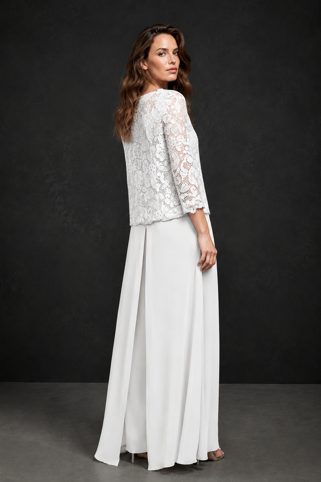 BOLODOO White Grey Lace Peplum Top & Wide-Leg Chiffon Pants Set | Mother of the Bride & Formal Evening Outfit - White