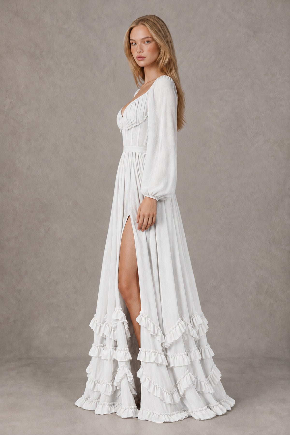 White Long-Sleeve Ruffle Maxi Dress with Lace-Up Back and Slit - White
