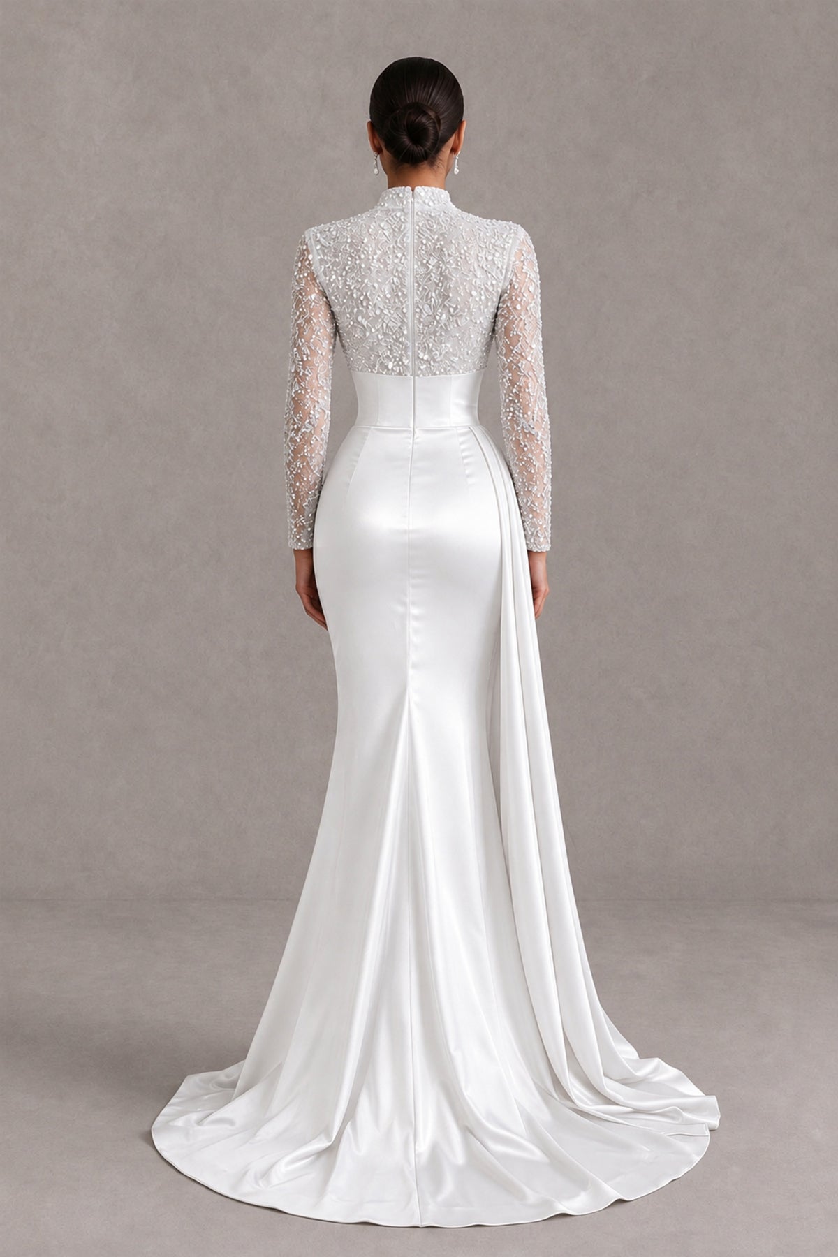 BOLODOO White Long Sleeve Embellished Satin Mermaid Evening Gown - White - White_2