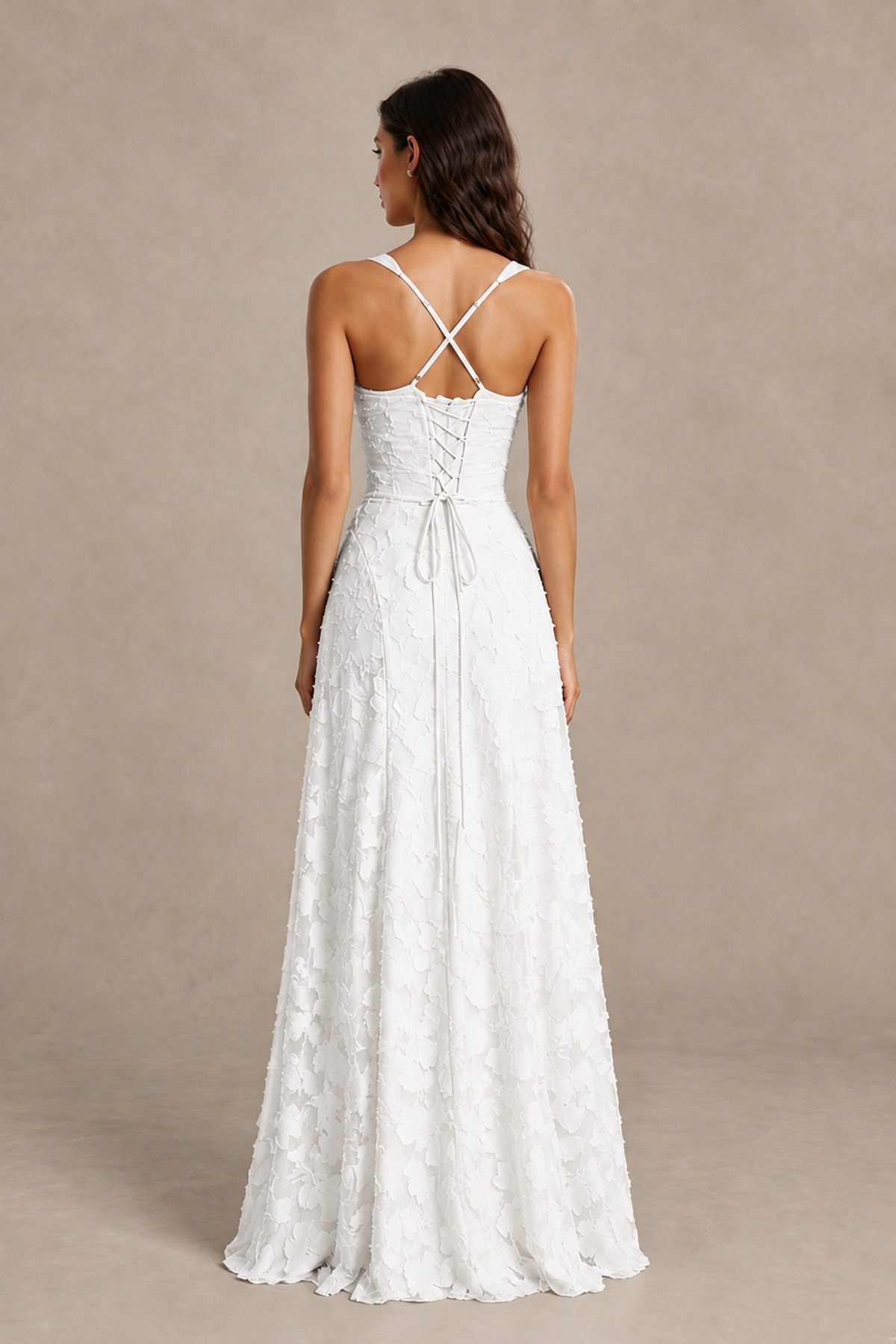 BOLODOO White Floral-Textured A-Line Dress with Lace-Up Back - White - White_2