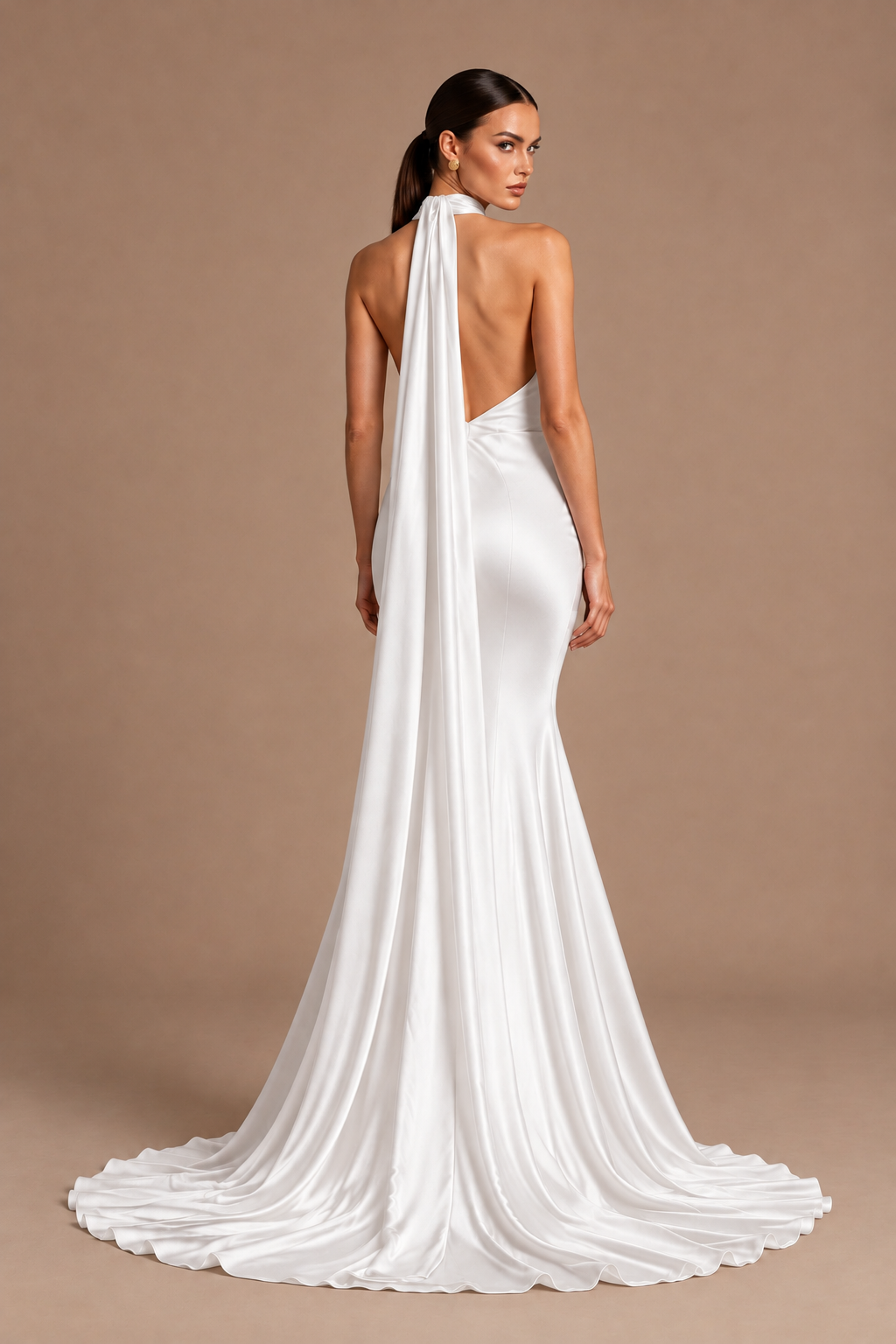BOLODOO White One-Shoulder Satin Mermaid Evening Dress with Scarf - White - White_2