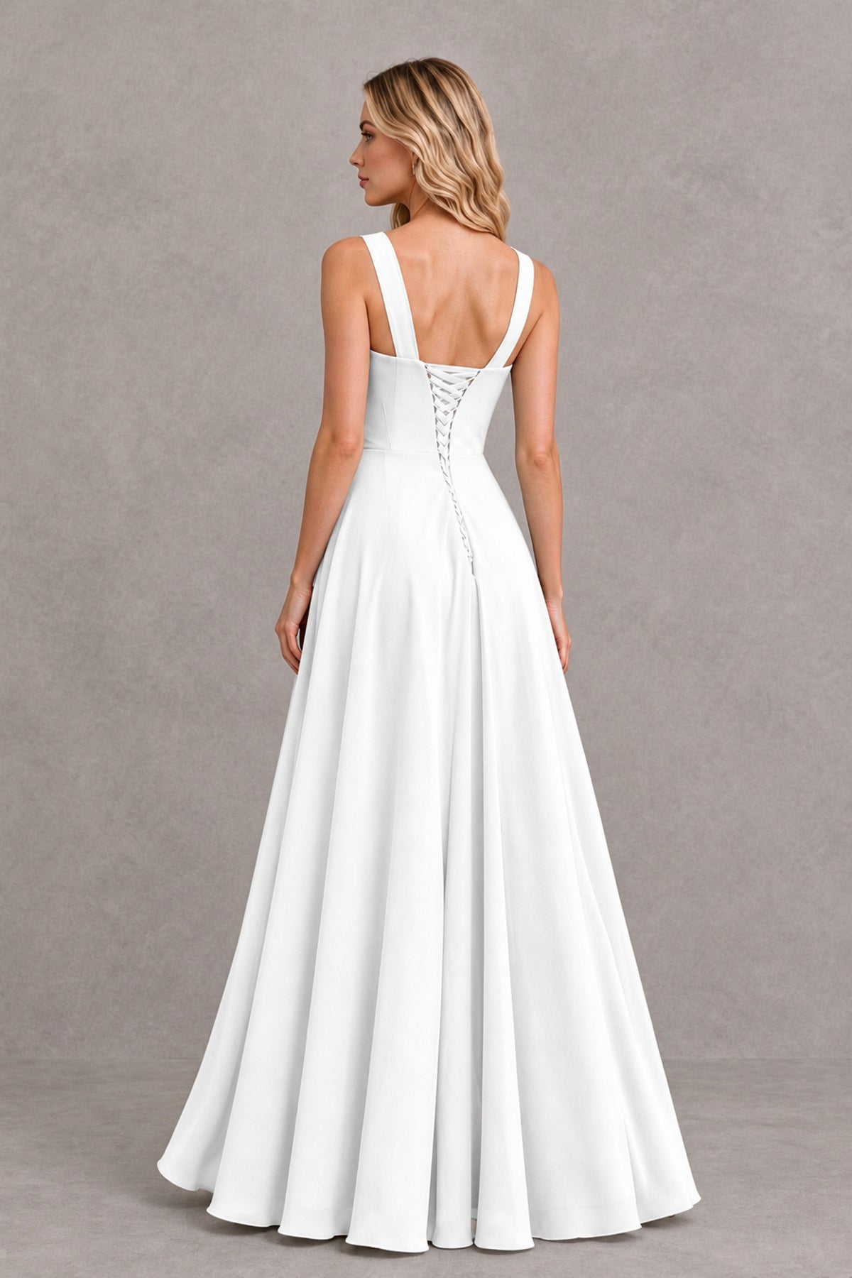 BOLODOO White Square Neck Ruffle A-Line Bridesmaid Dress with Slit - White - White_2