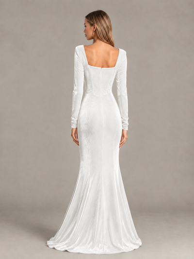 BOLODOO White Velvet-Look Square Neck Long Sleeve Mermaid Evening Dress - White - White_2