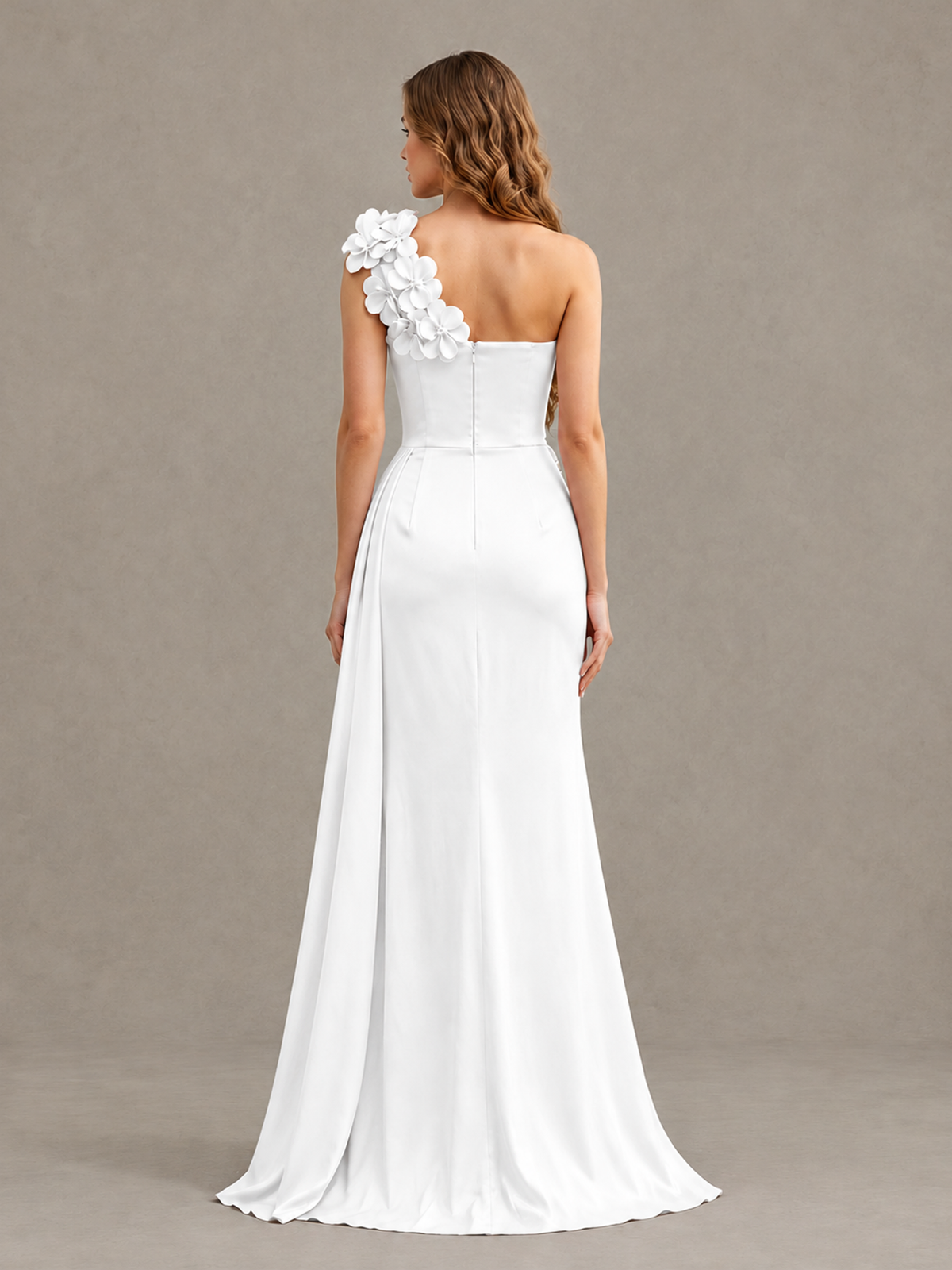 BOLODOO White One-Shoulder Satin Mermaid Evening Gown with 3D Floral Appliqué - White - White_2