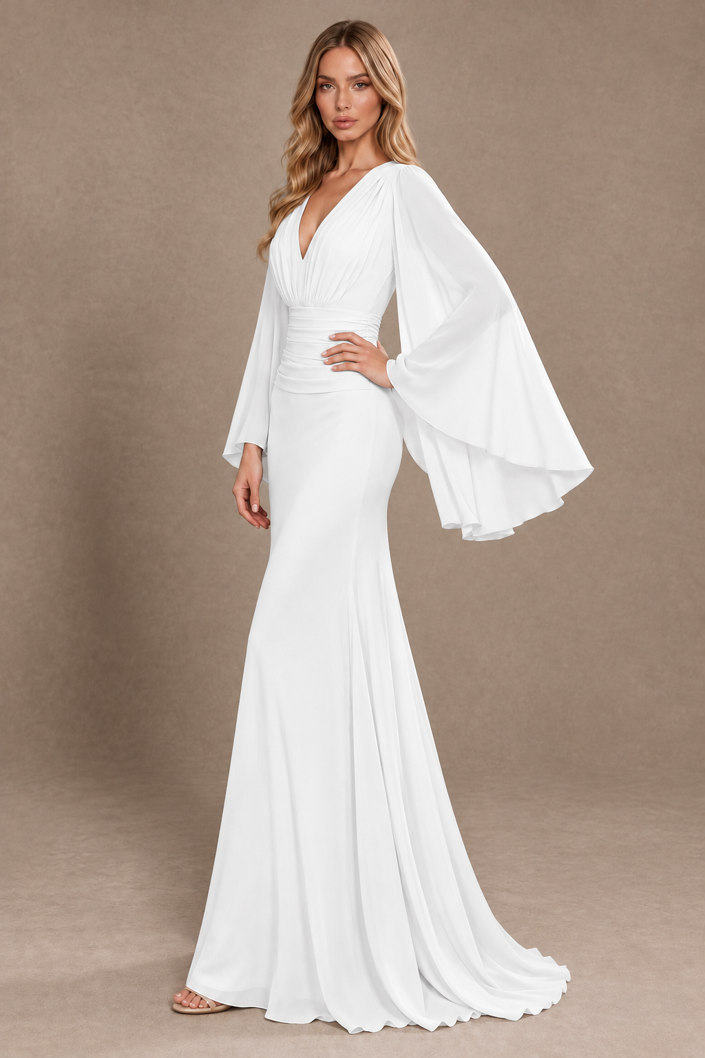 BOLODOO White Cape Sleeve V-Neck Ruched Chiffon Evening Dress - White - White_2