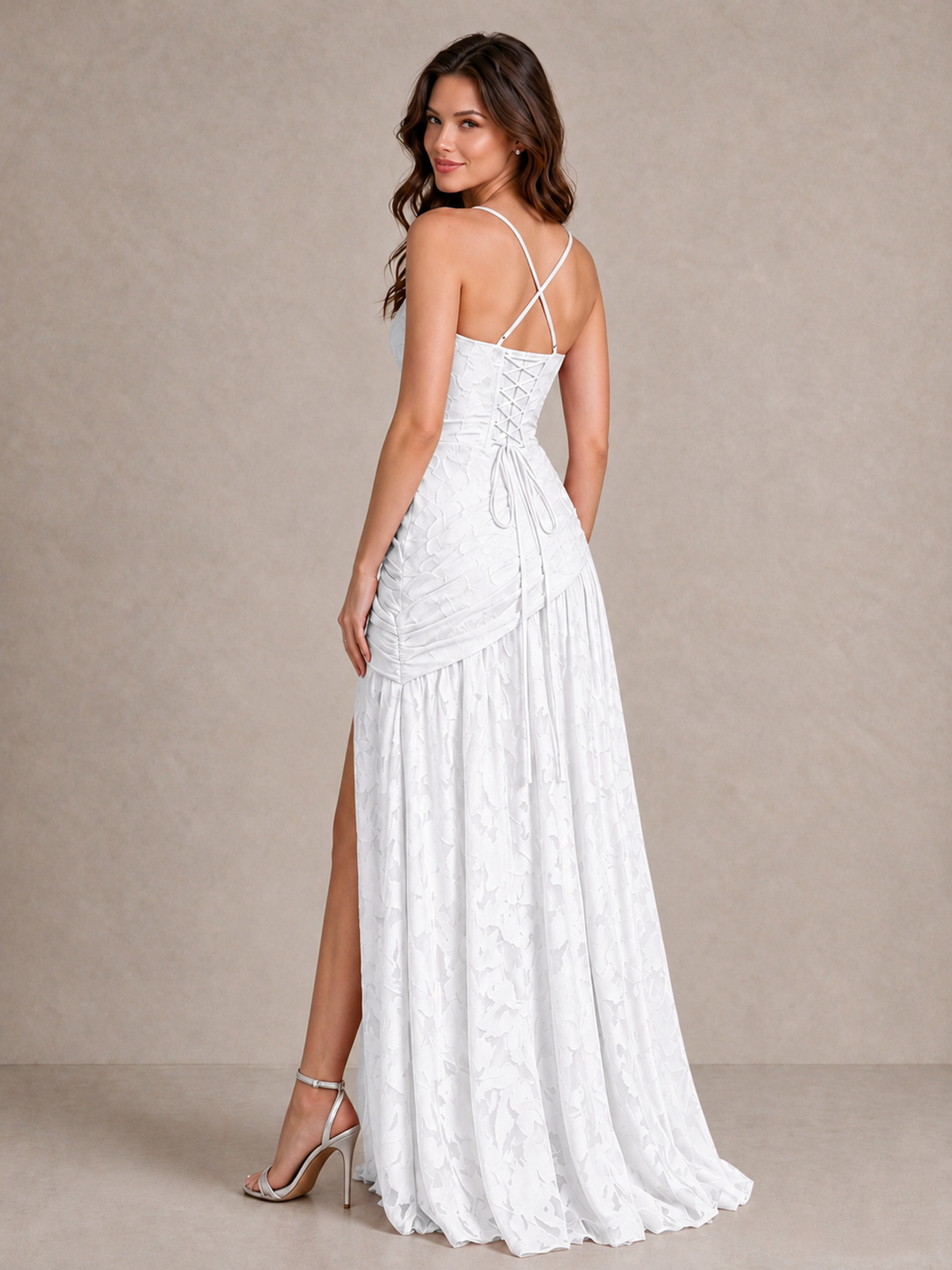 BOLODOO White Floral Jacquard Bridesmaid Dress with Square Neck, Lace-Up Back & High Slit - White - White_2