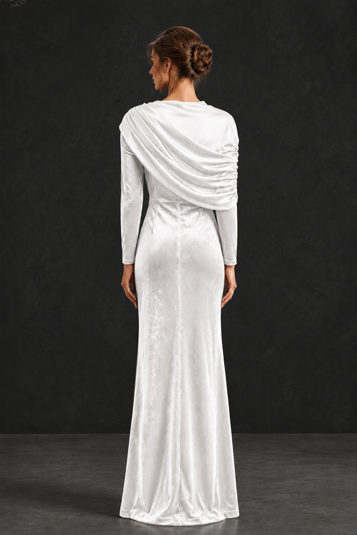 BOLODOO White Velvet Long Sleeve Draped Mother of the Bride Dress - White - White_2