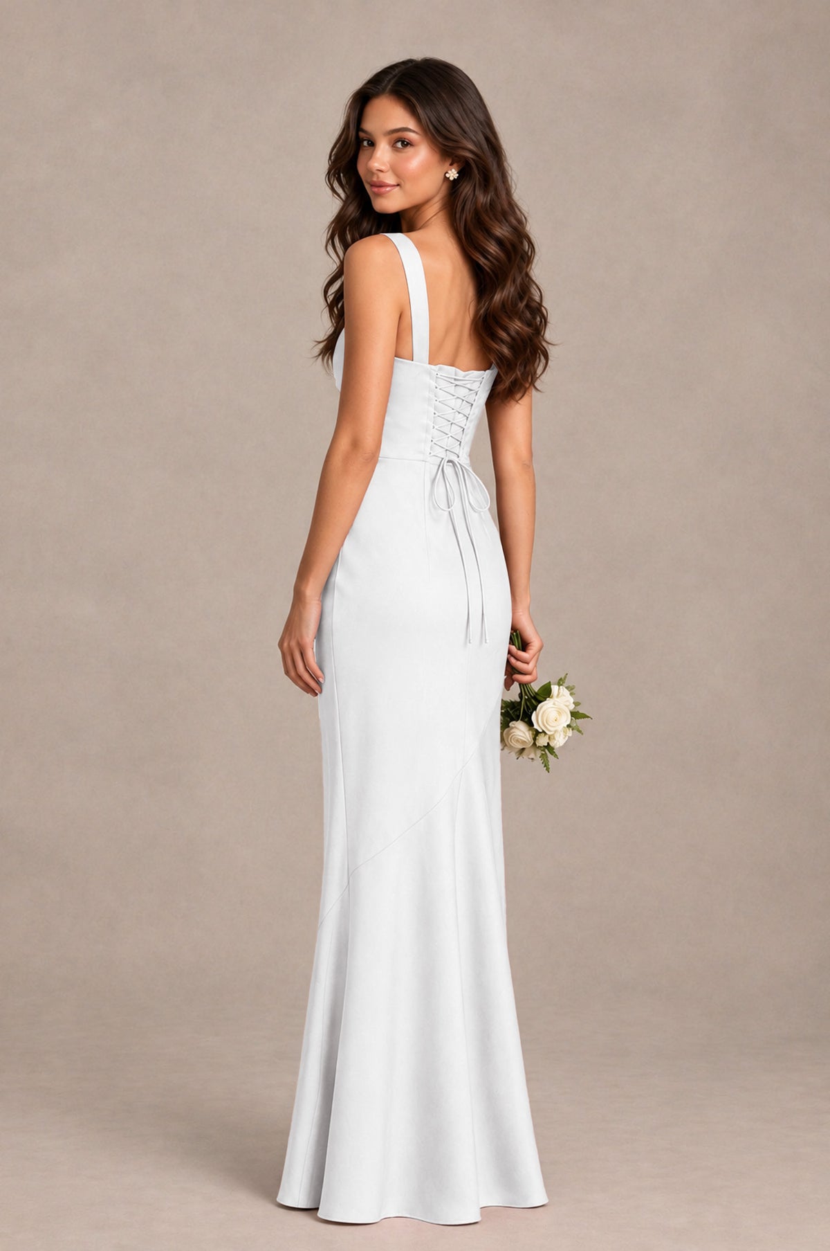 BOLODOO White Square Neck Ruched Satin Lace-Up Bridesmaid Dress - White - White_2