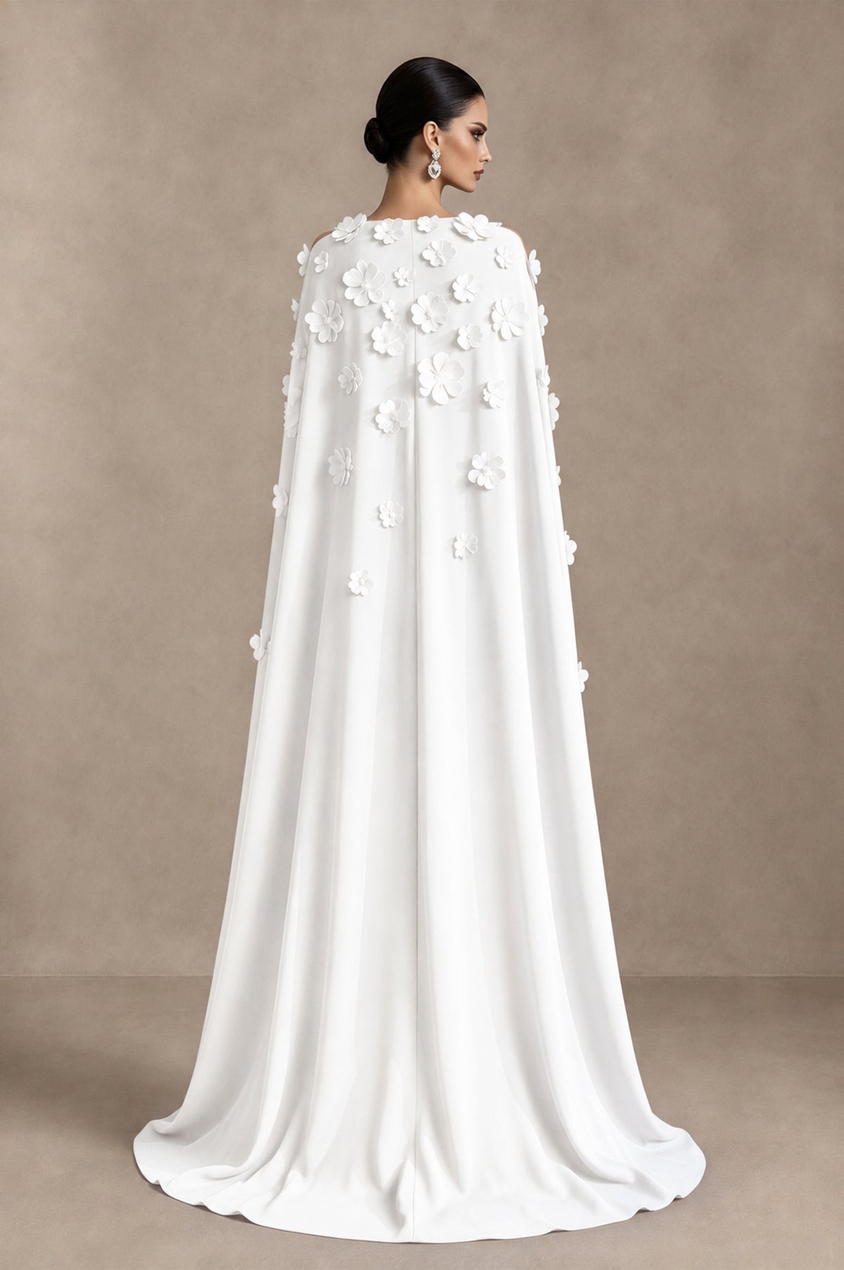 BOLODOO White 3D Floral Applique Cape Formal Dress - White - White_2