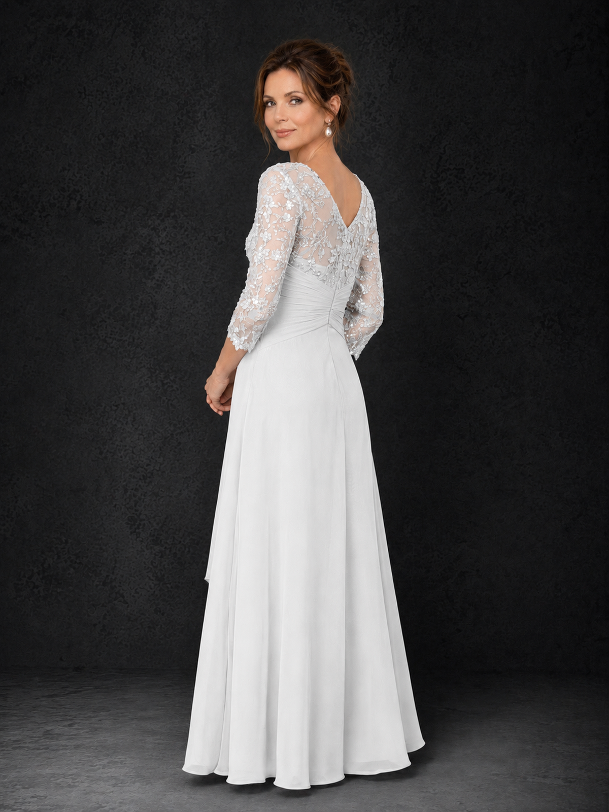 BOLODOO White Sequin Lace & Chiffon Tea-Length Mother of the Bride Dress with 3/4 Sleeves - White