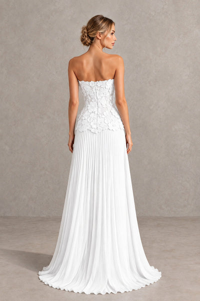 BOLODOO White Strapless Floral Applique Pleated Evening Dress - White - White_2