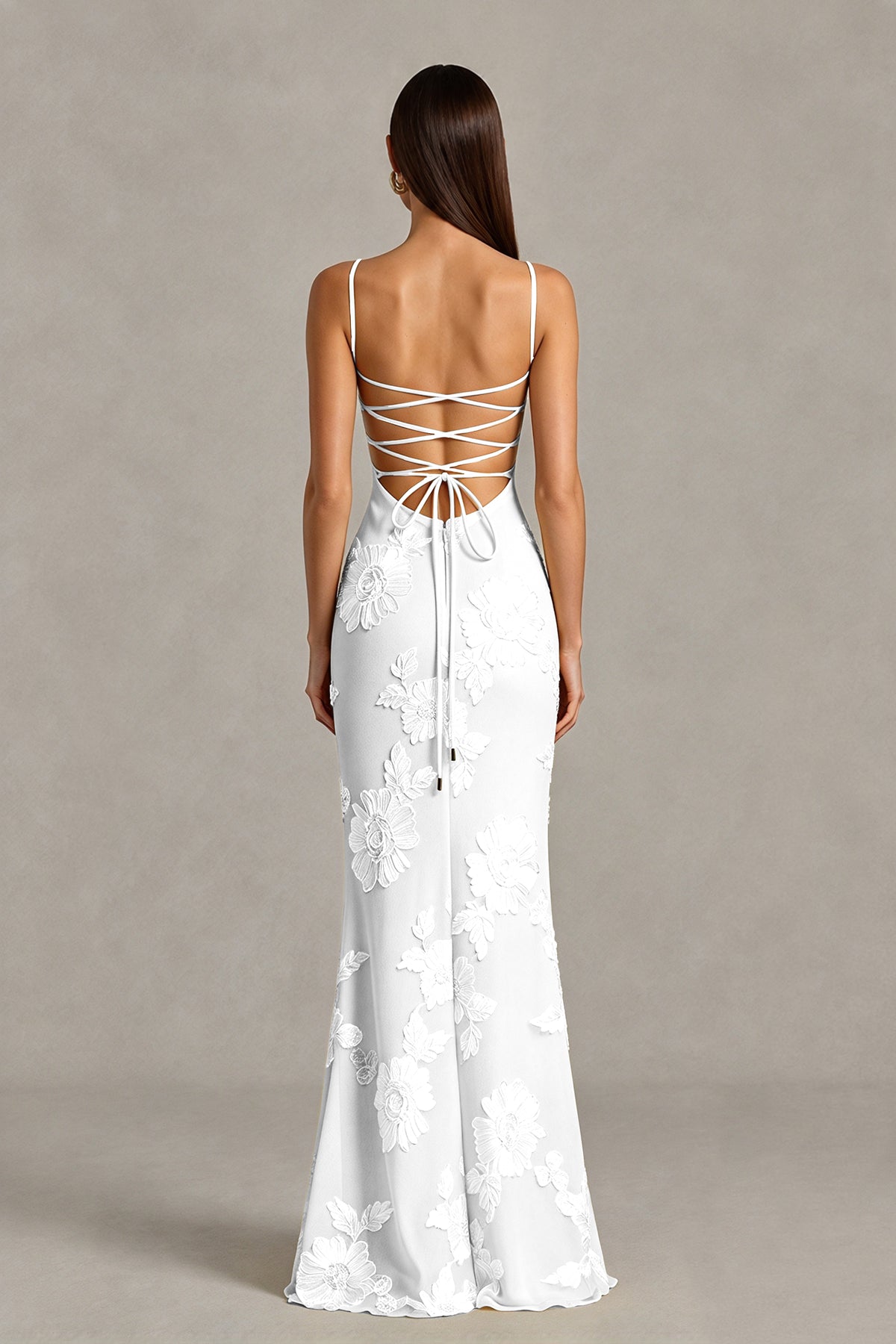 BOLODOO White Floral Lace-Up Back Mermaid Maxi Dress - White
