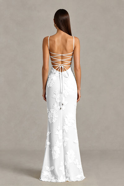 BOLODOO White Floral Lace-Up Back Mermaid Maxi Dress - White