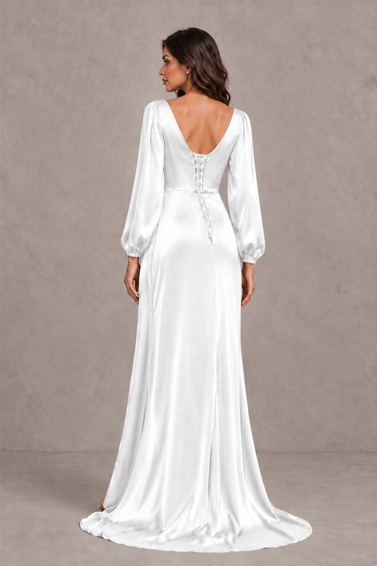 BOLODOO White Satin-Look Long Sleeve Evening Dress with High Slit - White - White_2