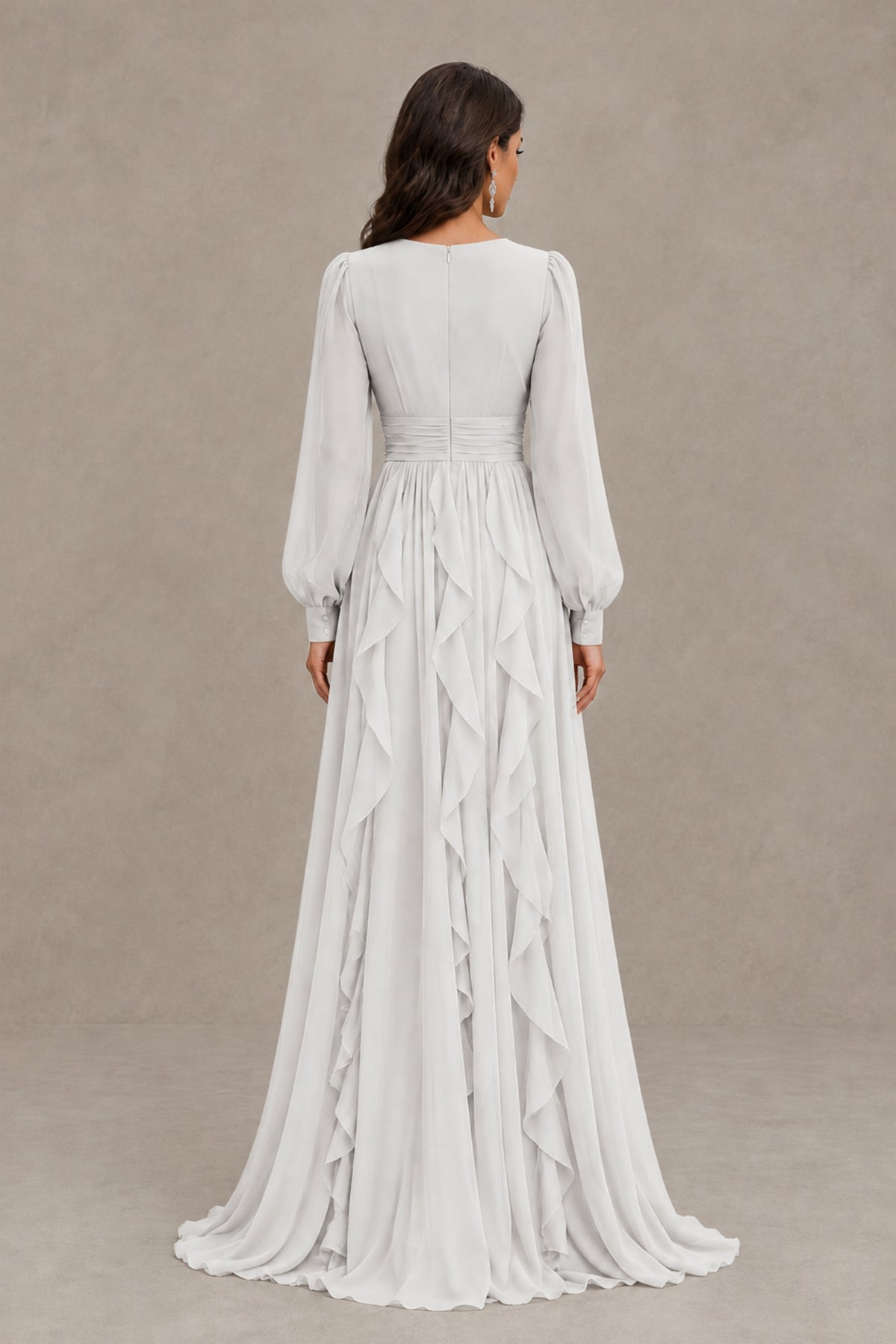 BOLODOO White Long Sleeve V-Neck Ruffle Maxi Dress - White