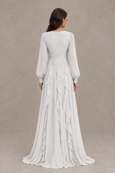 BOLODOO White Long Sleeve V-Neck Ruffle Maxi Dress - White