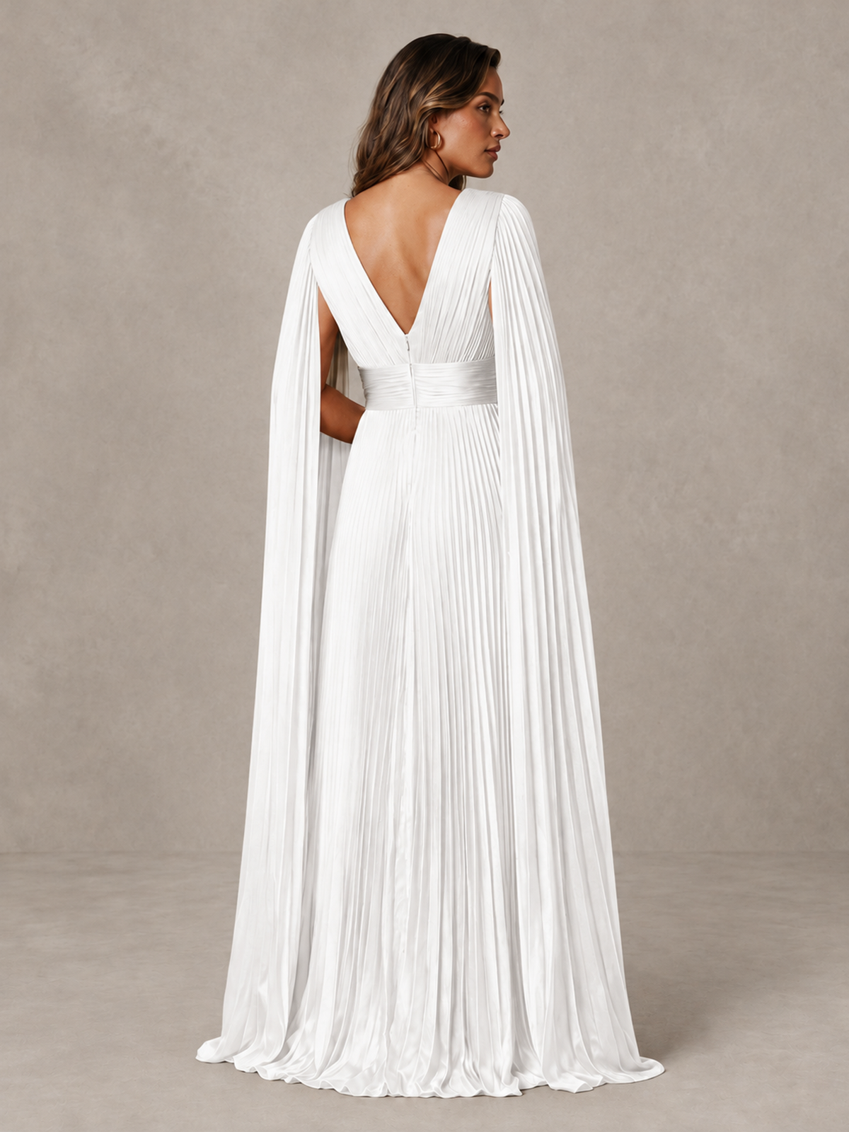 BOLODOO White Deep V-Neck Pleated Cape Sleeve Evening Gown - White - White_2