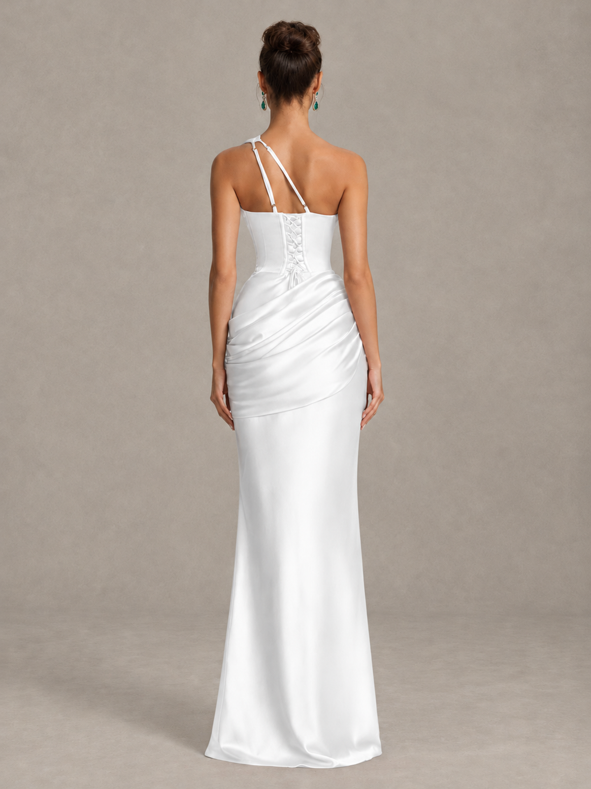 BOLODOO White One-Shoulder Cutout Satin Mermaid Prom Dress - White - White_2