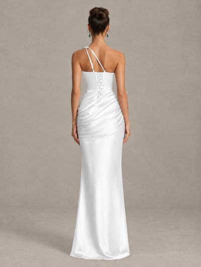 BOLODOO White One-Shoulder Cutout Satin Mermaid Prom Dress - White - White_2