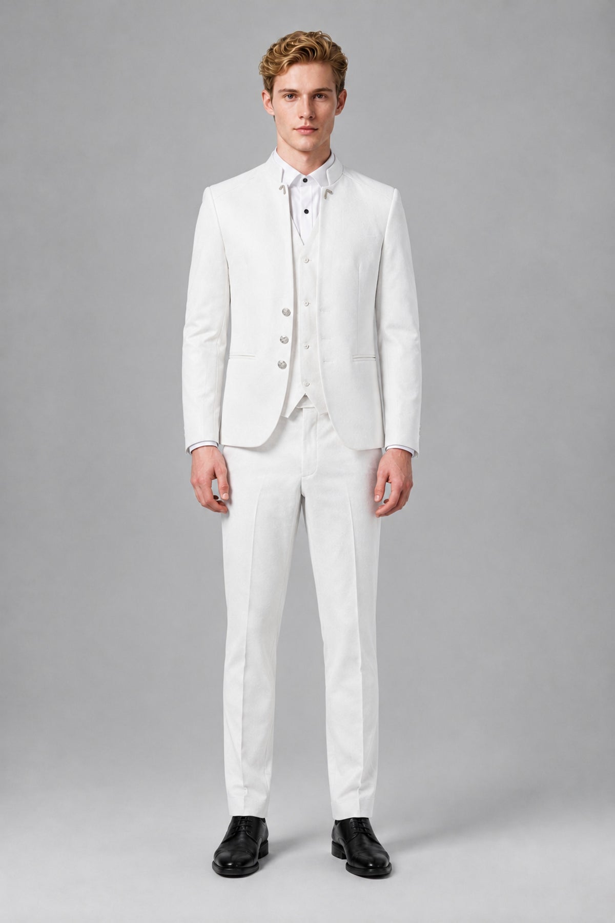 Bolodoo Men's White Mandarin Collar 3-Piece Suit – Jacket, Vest & Trousers - White - White_2