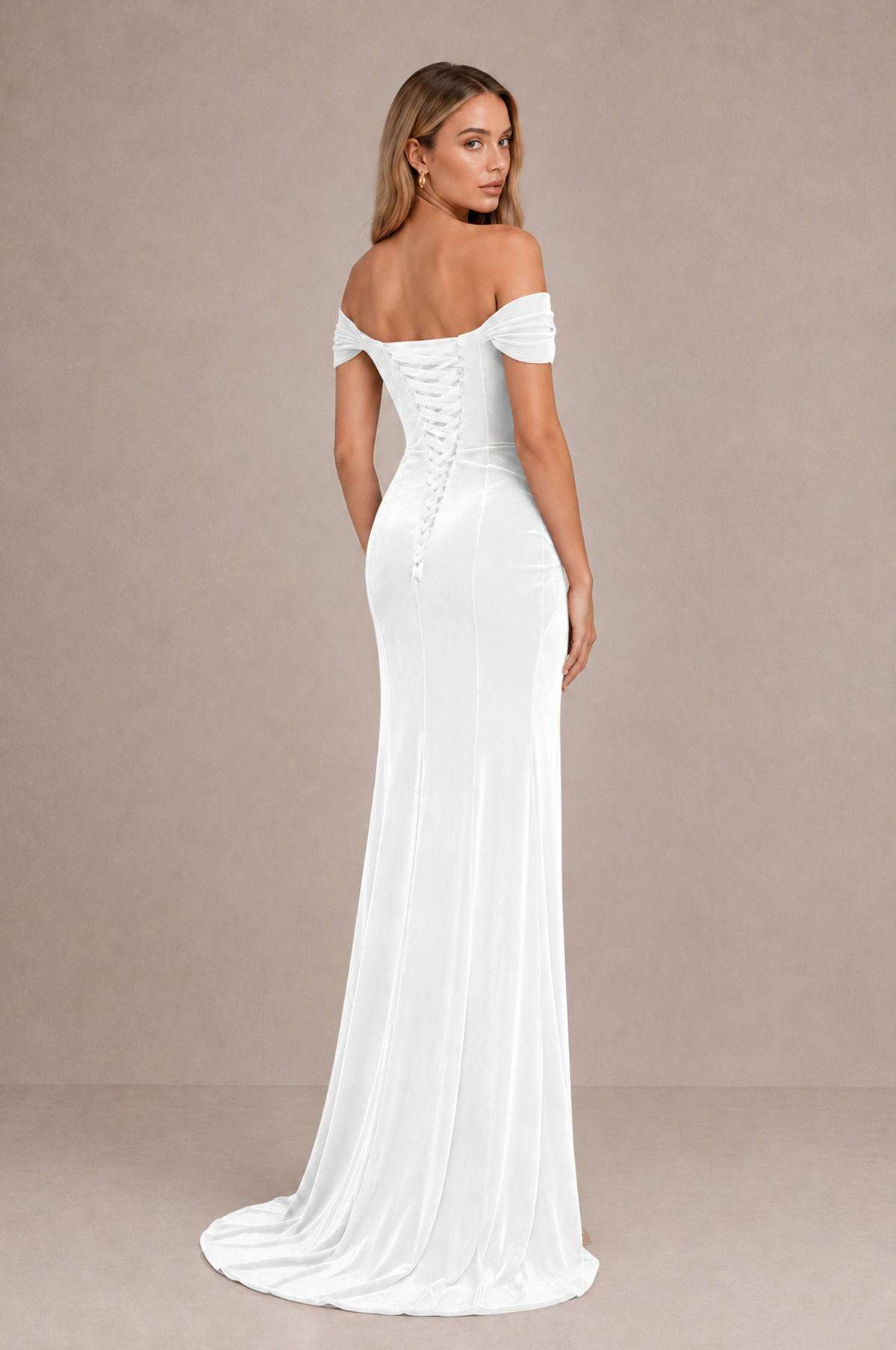 BOLODOO White Velvet Off-Shoulder Ruched High Slit Evening Dress - White - White_2