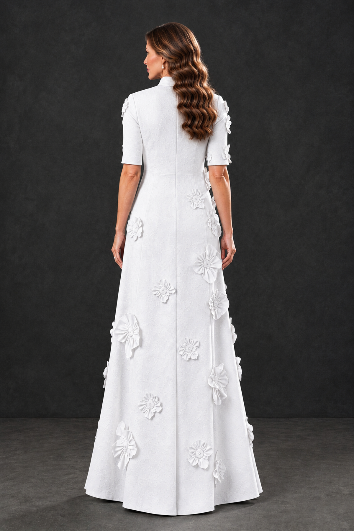 BOLODOO White Floral Applique High-Neck Half-Sleeve Gown - White - White_2