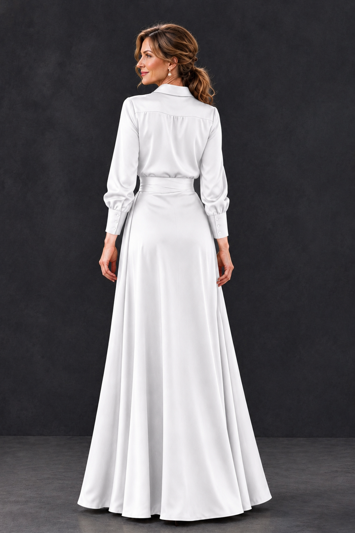BOLODOO White Long Sleeve Satin-Look Lace Panel Gown - White - White_2