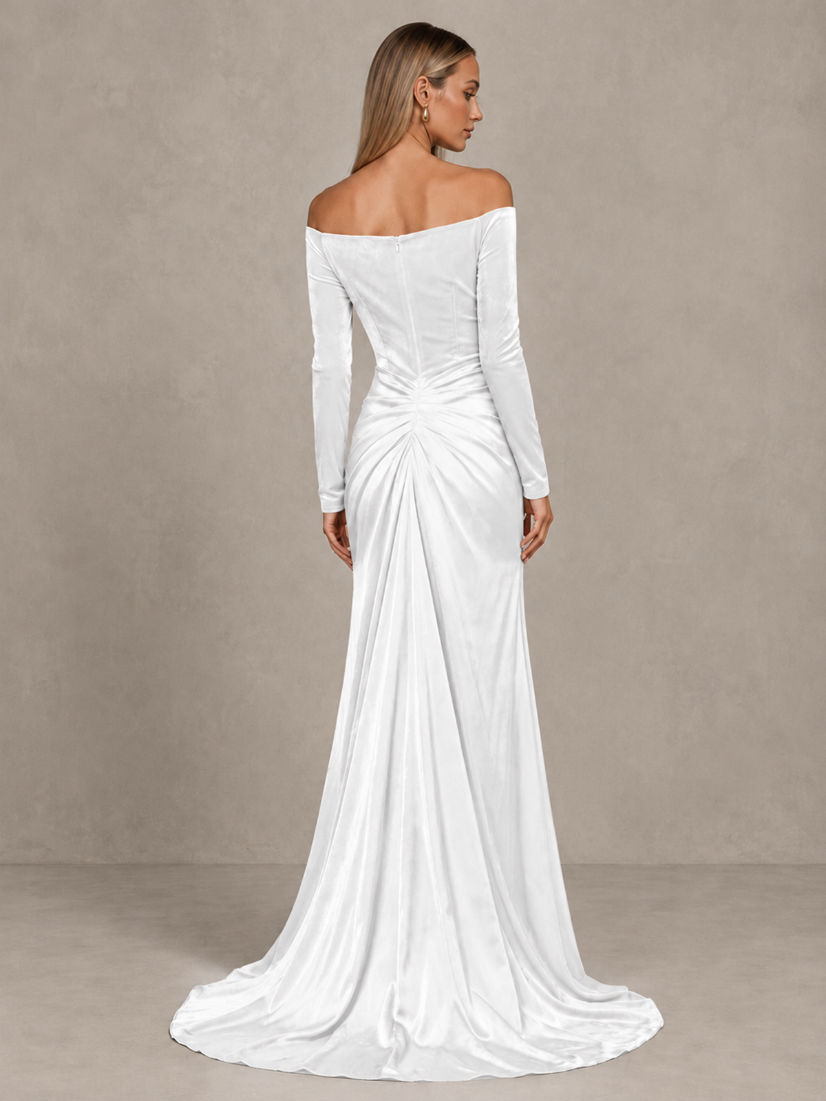 BOLODOO White Off-Shoulder Velvet Evening Gown with High Slit - White - White_2