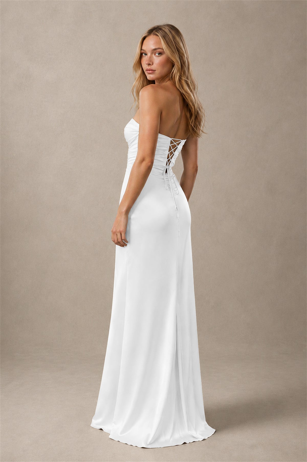 BOLODOO White Sweetheart Strapless Twist Knot Cutout Lace-Up Back Satin Mermaid Maxi Dress - White - White(2)