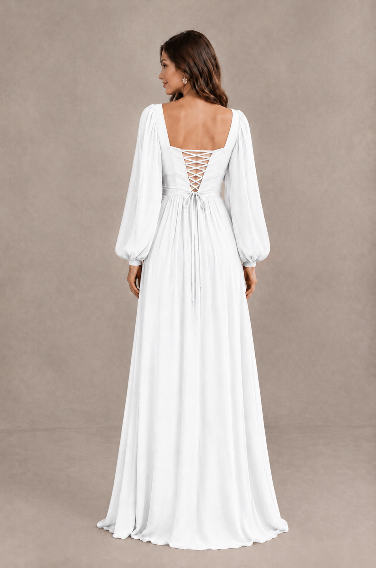 BOLODOO White Long Sleeve V-Neck A-Line Bridesmaid Dress - White - White_2
