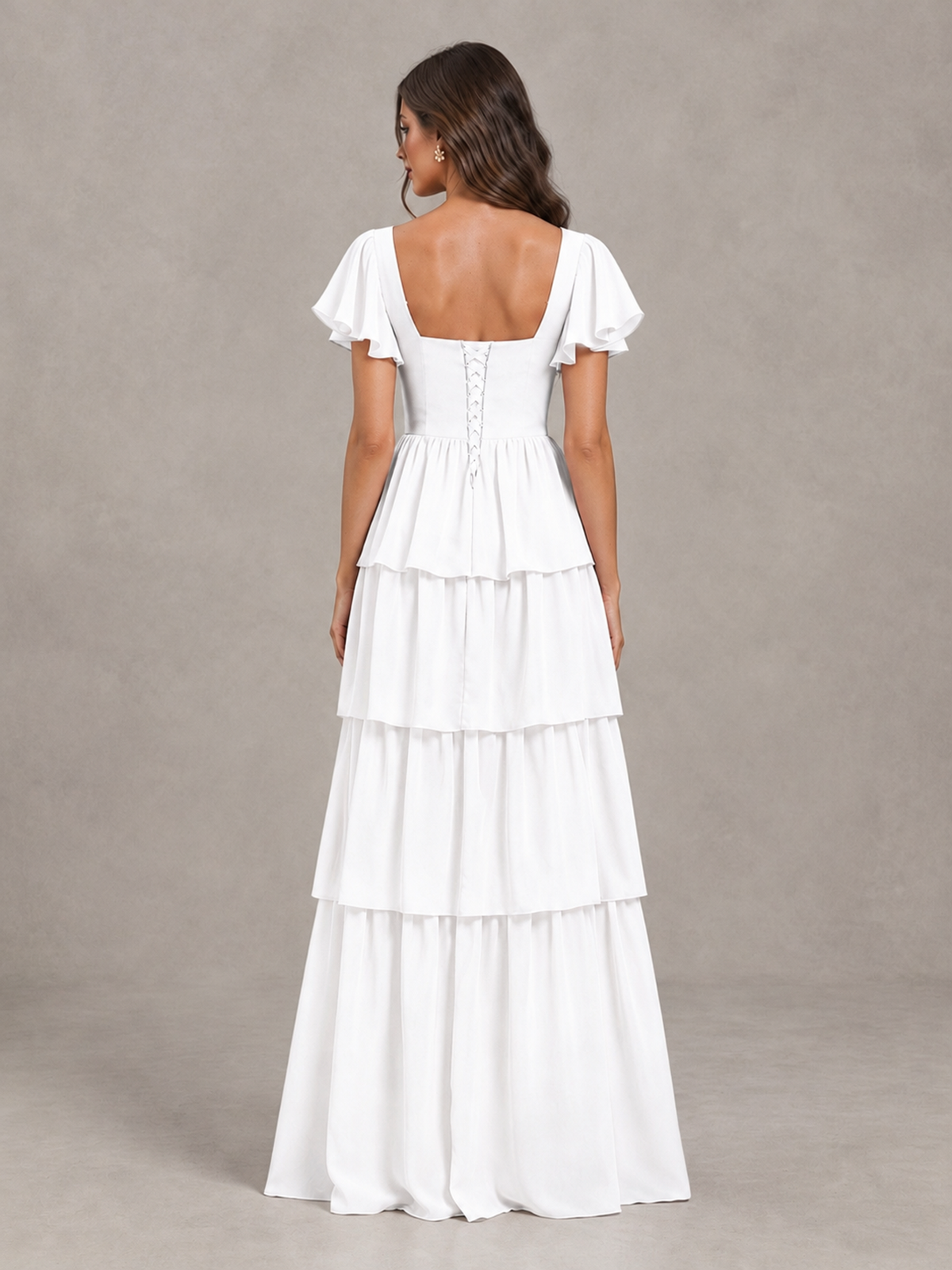 BOLODOO White Flutter Sleeve Tiered Maxi Bridesmaid Dress - White - White_2