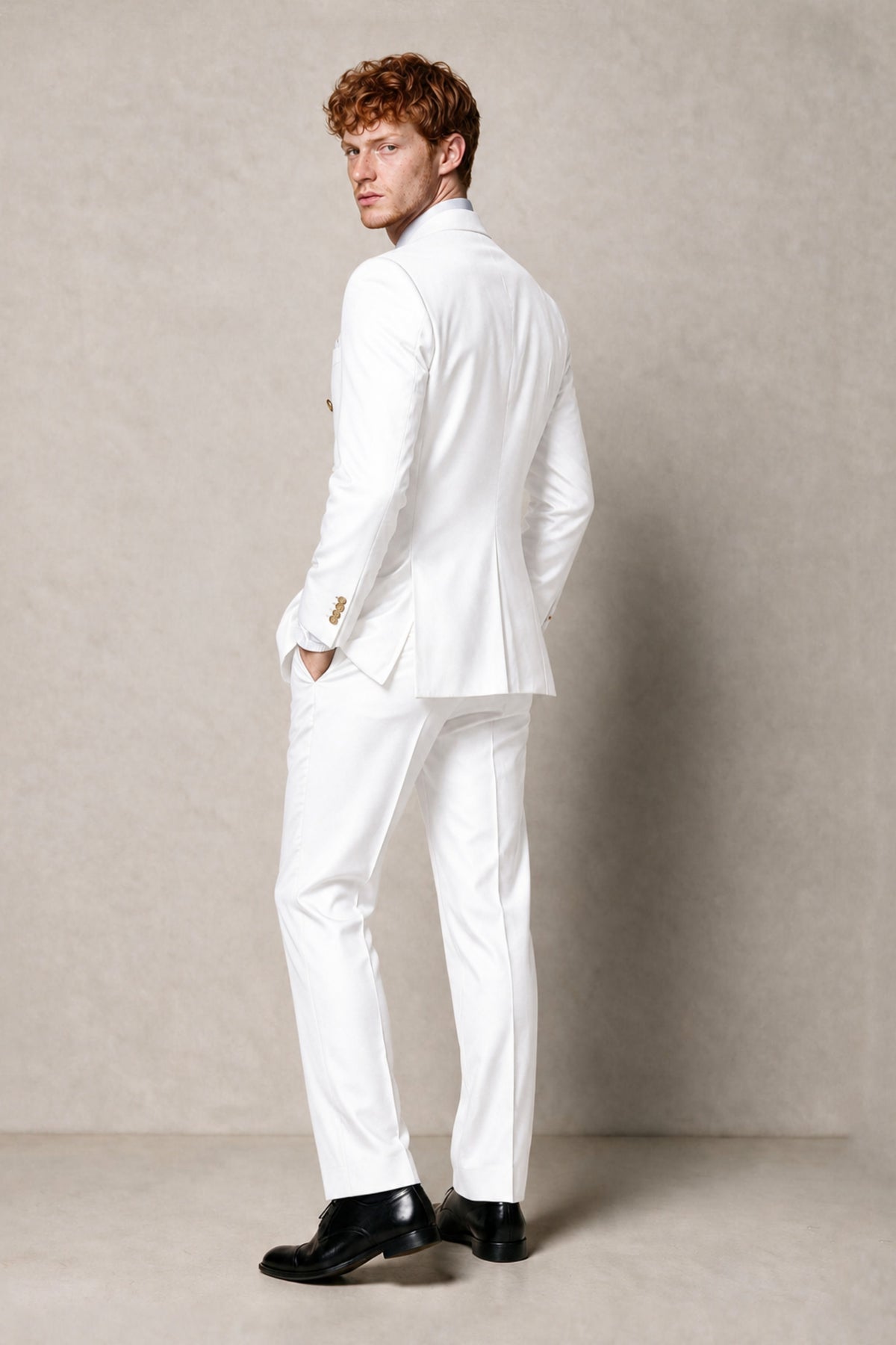 BOLODOO Men's White Double-Breasted 2-Piece Suit | White Button Peak Lapel Blazer & Trousers - White
