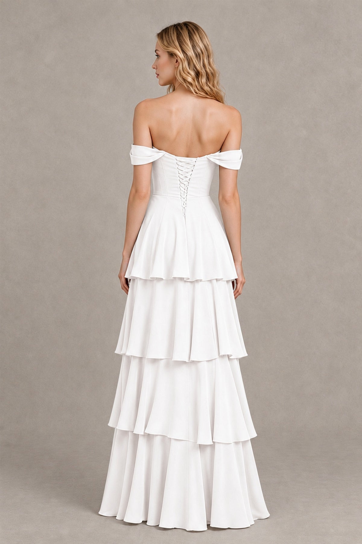 BOLODOO White Off-the-Shoulder Tiered A-Line Evening Bridesmaid Dress - White - White_2