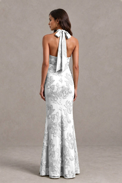 BOLODOO White Floral Jacquard Halter Maxi Dress - White - White(2)