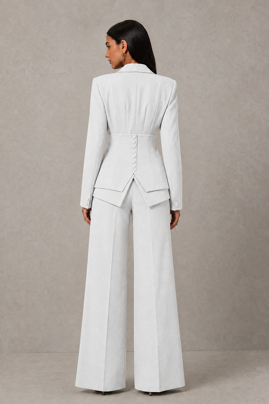 BOLODOO White Cinched Waist Blazer and Wide Leg Pants Two Piece Suit Set - White