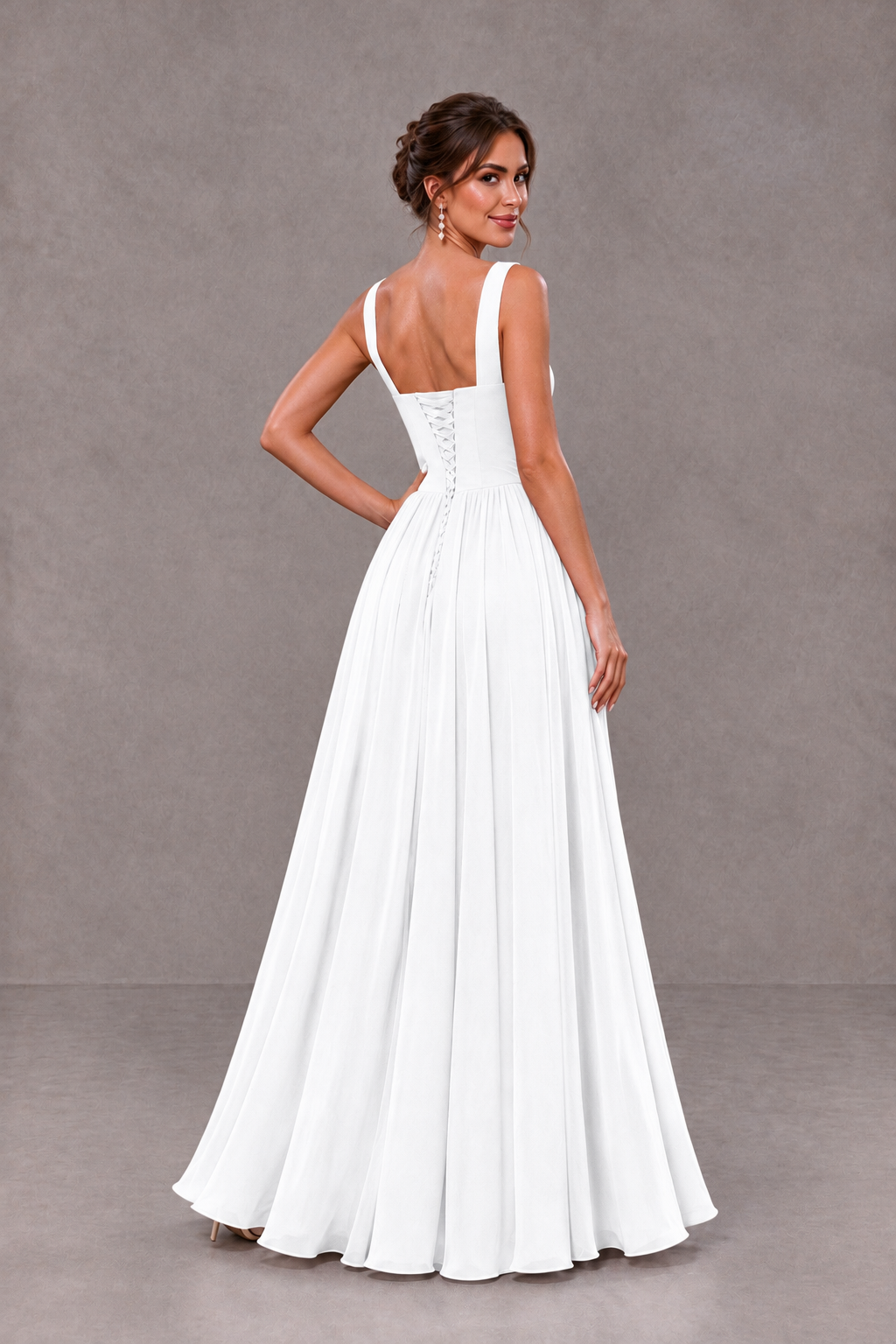 BOLODOO White Square Neck A-Line Bridesmaid Dress with Slit - White - White_2