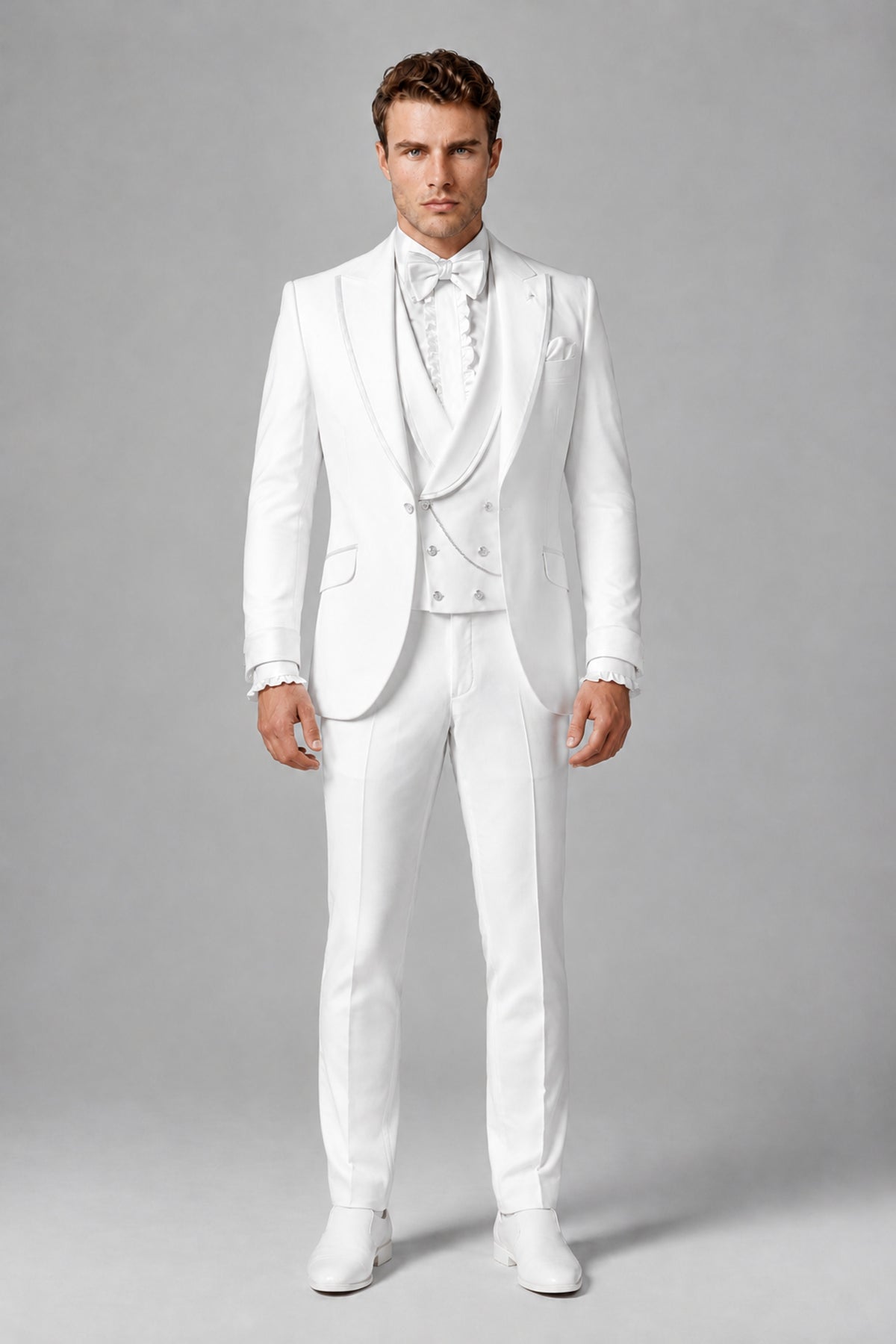 Bolodoo Men's White and White Three-Piece Wedding Tuxedo Suit - White - White_2