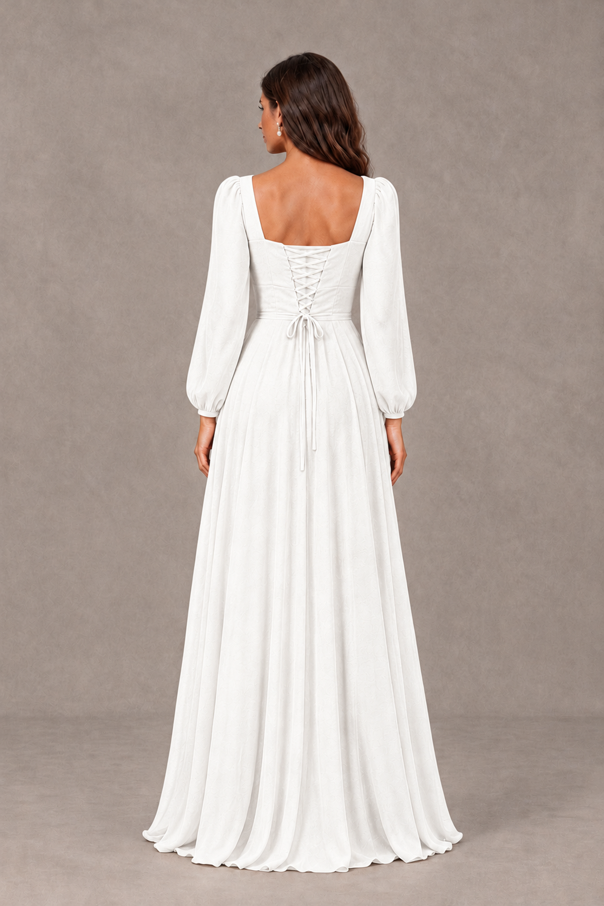 BOLODOO White Square Neck Long Sleeve A-Line Bridesmaid Dress - White - White_2