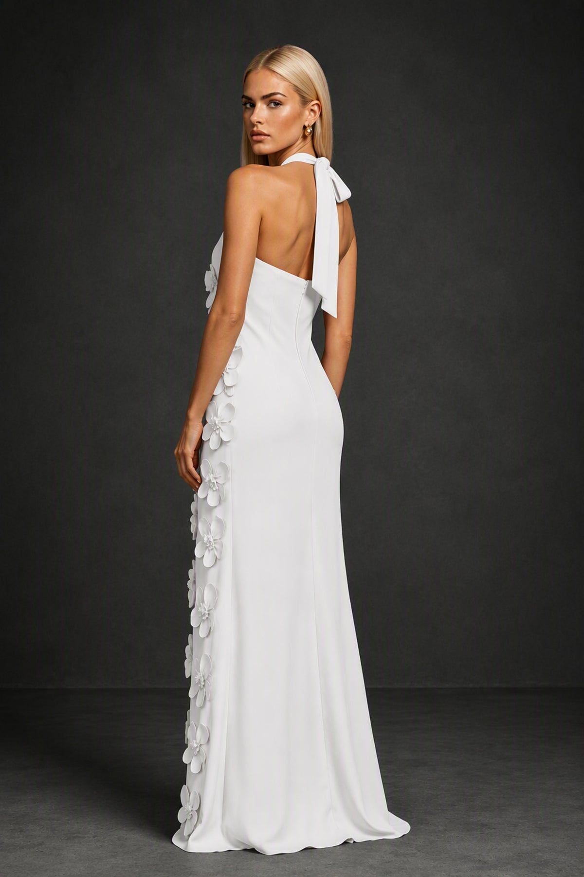 BOLODOO White Cross Halter Neck 3D Floral Appliqué Backless Mermaid Maxi Gown - White
