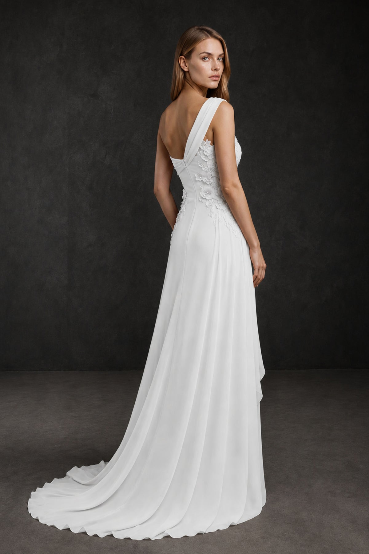 BOLODOO White One-Shoulder 3D Floral Appliqué Chiffon Gown with Open Back - White