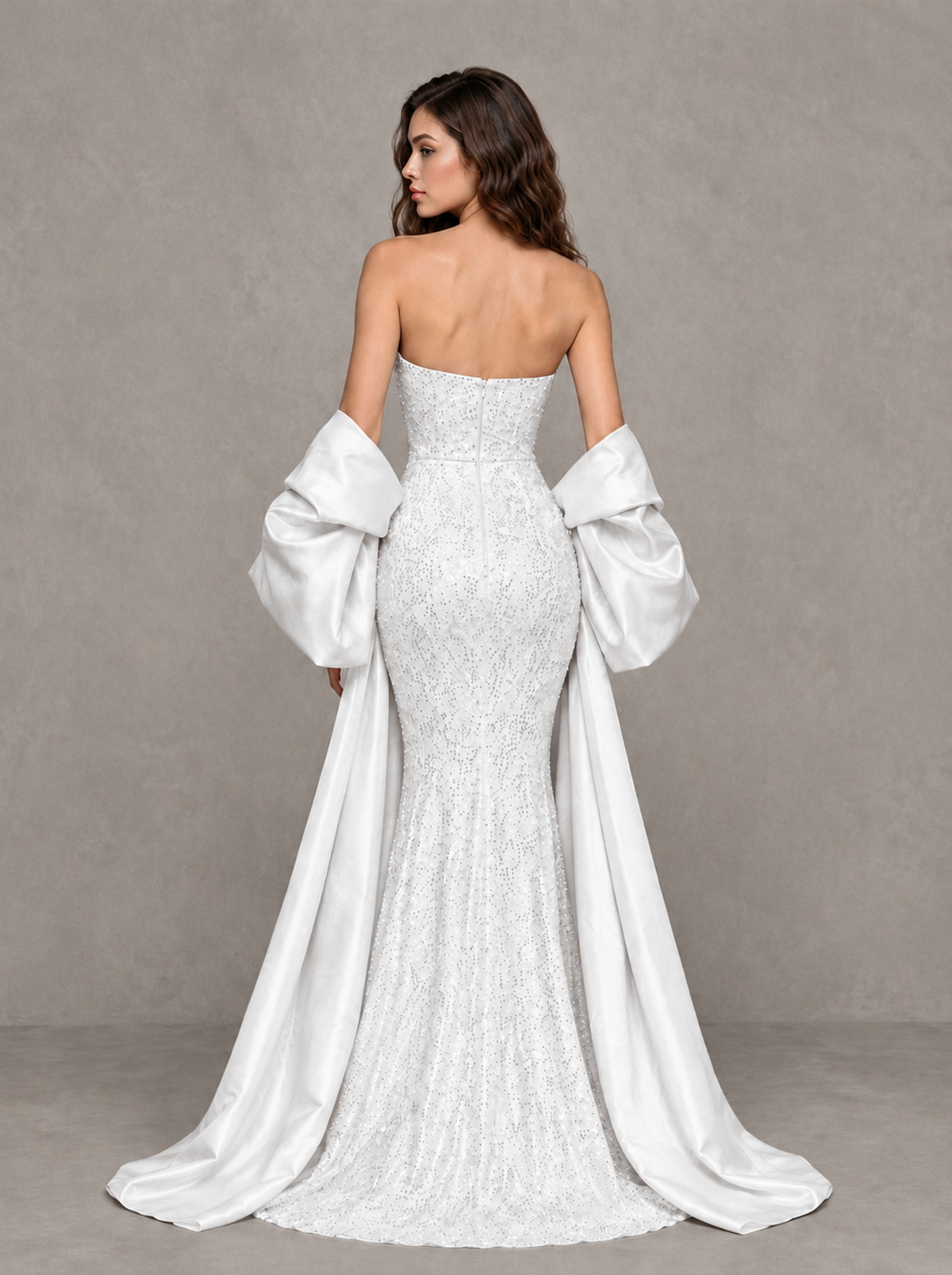 BOLODOO White Strapless Sparkle Mermaid Prom Dress with Front Slit and Draped Sleeves - White - White_2