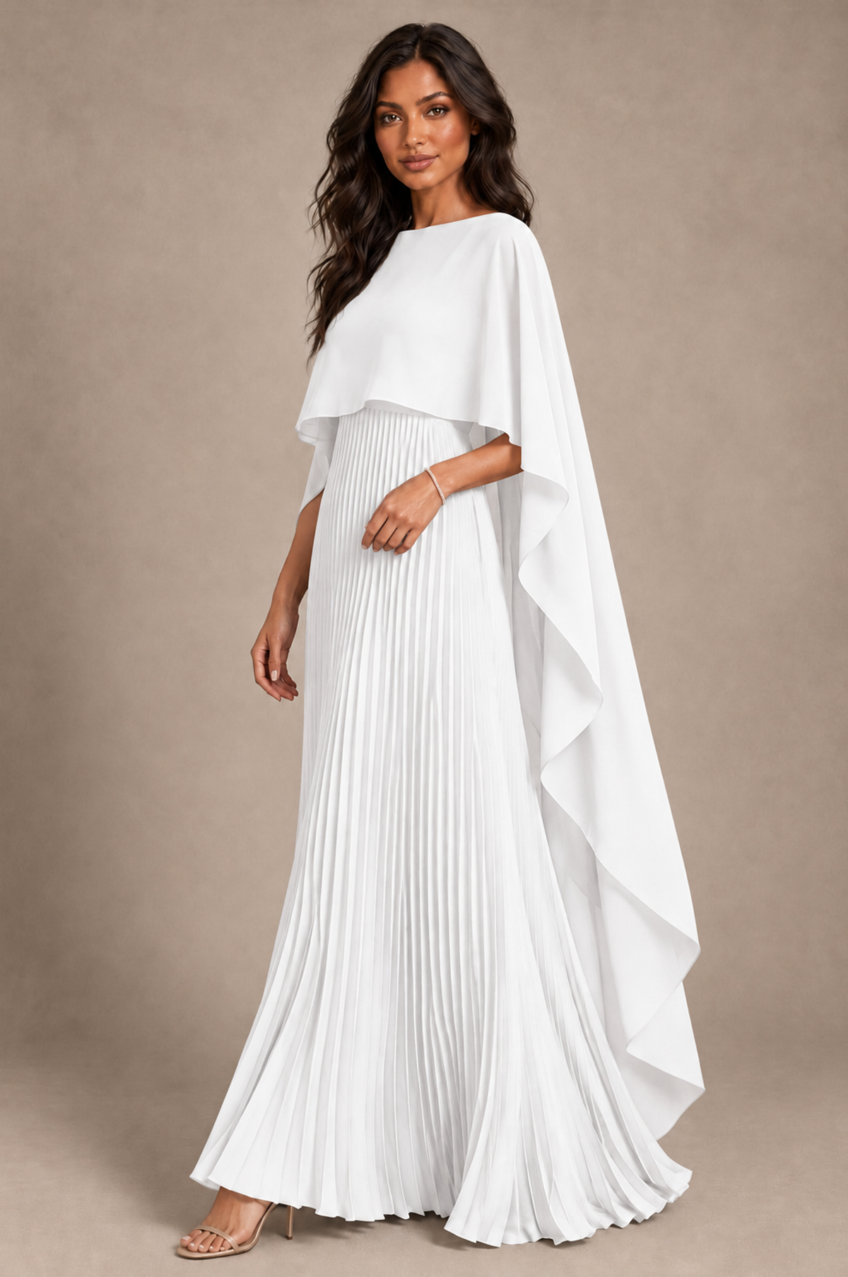 BOLODOO White Pleated Cape A-Line Evening Dress - White - White_2