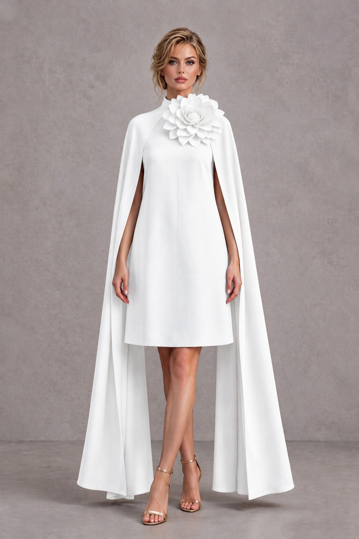 BOLODOO White High Neck Floral Cape Mini Cocktail Dress - White - White_2