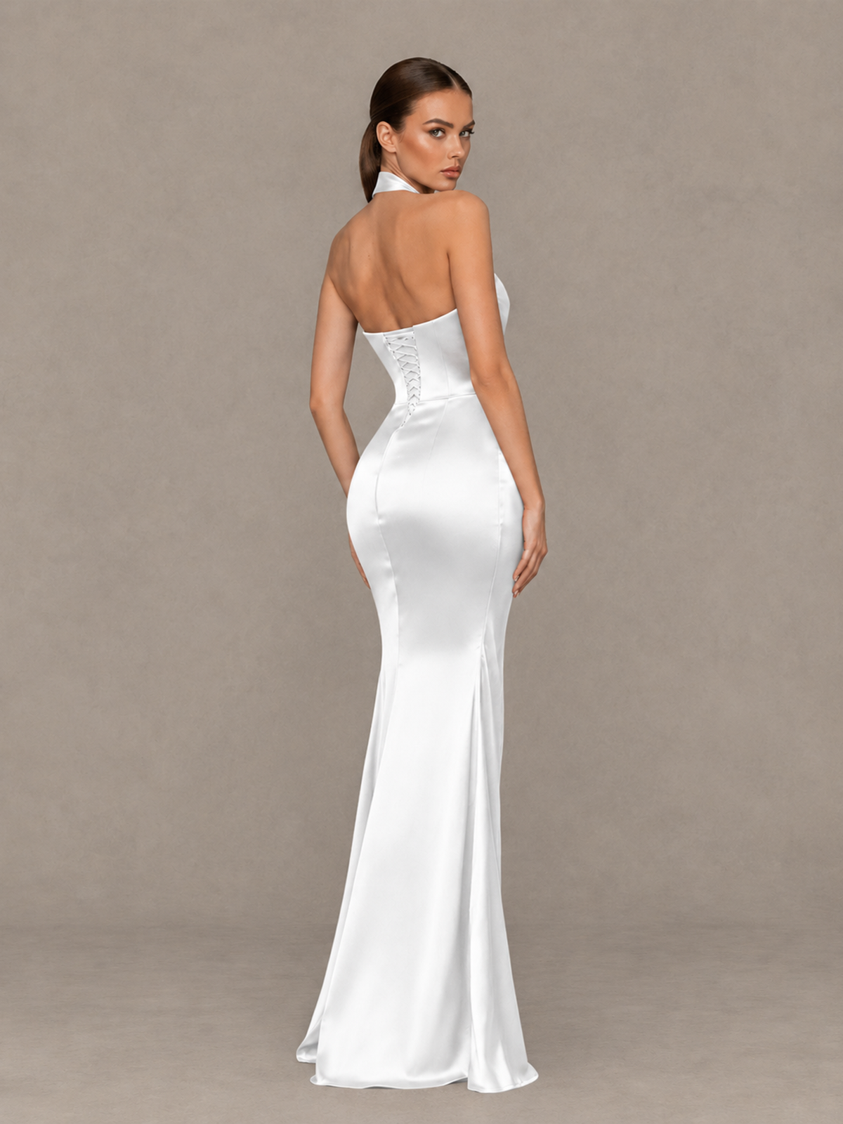 BOLODOO White Cross-Halter Ruched Satin-Look Evening Gown with High Slit - White - White_2