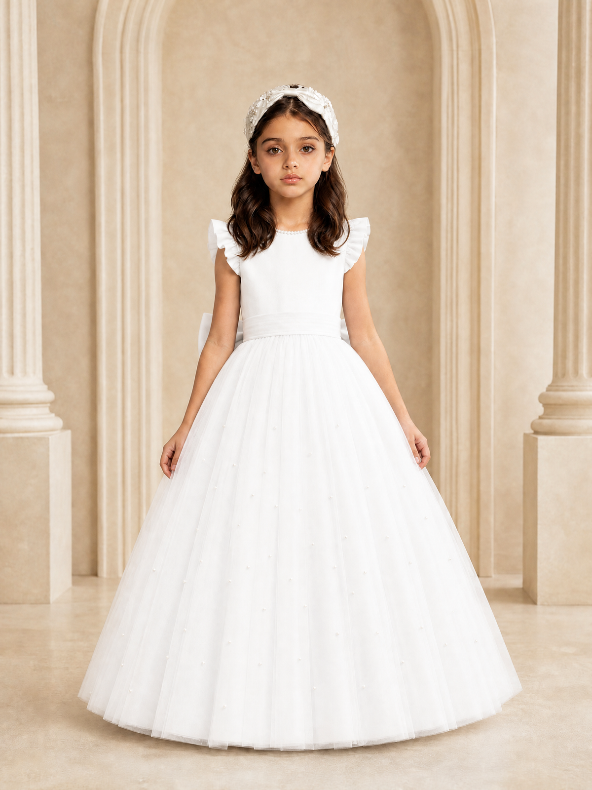 BOLODOO White Tulle Flower Girl Dress with Ruffle Sleeves & Bow Back - White - White_2