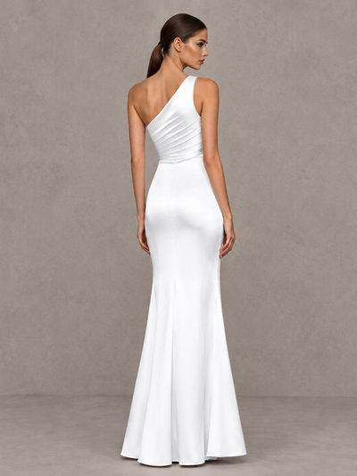 BOLODOO White One-Shoulder Ruched Satin-Look Evening Gown with High Slit - White - White_2